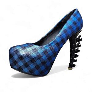 SHOW STORY Platform Bone Heel Metallic Gingham Black And Blue Pumps
